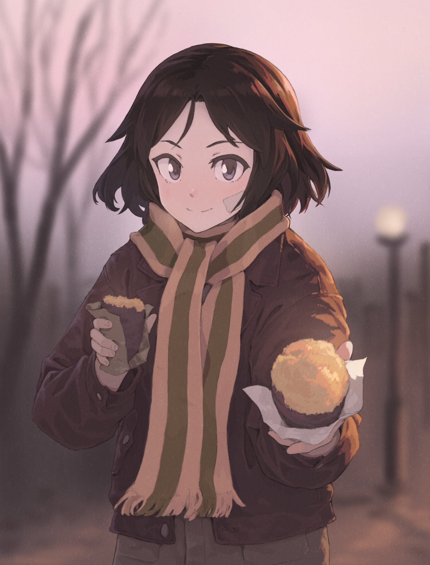 1girl bandage_on_face bandages bare_tree black_eyes black_hair blurry brave_witches dark depth_of_field dusk food highres jacket kanno_naoe lamppost leather leather_jacket looking_at_viewer outdoors pov reaching_out scarf shiratama_(hockey) short_hair sky smile solo sweet_potato texture tree upper_body world_witches_series yakiimo