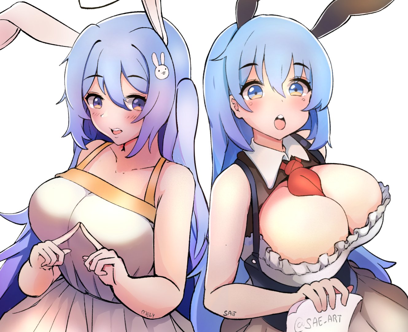 2girls animal_ears artist_name between_breasts black_shirt blue_eyes blue_hair blush breasts bunny_hair_ornament cleavage_cutout clothing_cutout collarbone collared_shirt dress eyebrows_visible_through_hair grey_skirt hair_ornament holding holding_paper index_fingers_together indie_virtual_youtuber large_breasts long_hair looking_to_the_side mely_(vtuber) multiple_girls necktie necktie_between_breasts open_mouth original paper rabbit_ears rabbit_girl red_neckwear sae_art shirt side_ponytail skirt suspenders symbol-only_commentary twitter_username violet_eyes virtual_youtuber white_background white_dress
