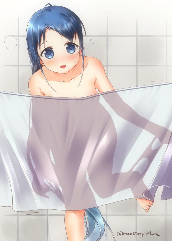 1girl bangs bare_shoulders blue_eyes blue_hair commentary_request curtains feet_out_of_frame gradient_hair kantai_collection leaning_forward long_hair mae_(maesanpicture) multicolored_hair samidare_(kancolle) silhouette solo swept_bangs tile_wall tiles twitter_username undressing very_long_hair