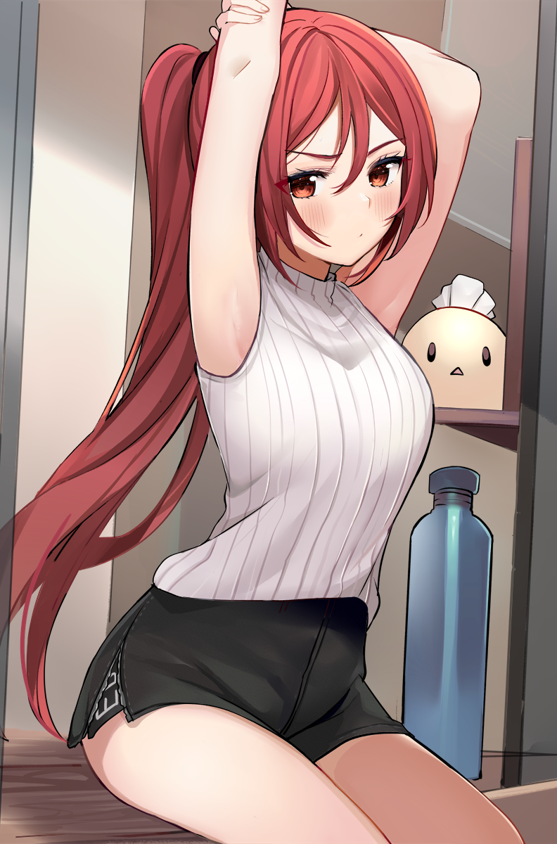 1girl armpits arms_up bare_arms black_shorts blush bottle breasts hair_between_eyes highres long_hair looking_at_viewer medium_breasts original ponytail red_eyes redhead ry_thae shorts sitting solo thighs