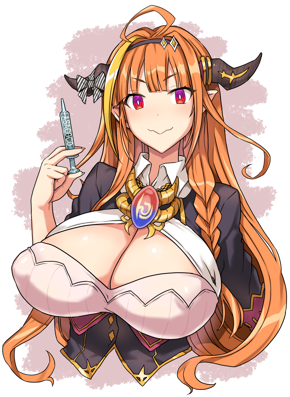 1girl :&gt; ahoge asacoco black_jacket braid breasts bright_pupils brooch cleavage_cutout closed_mouth clothing_cutout collared_shirt denki_showgun dot_nose fangs gradient_hair hand_up highres holding holding_syringe hololive horns huge_breasts jacket jewelry kiryu_coco long_hair looking_at_viewer multicolored_hair open_clothes open_jacket orange_hair pointy_ears purple_hair red_eyes shirt skin_fangs smile solo syringe upper_body white_pupils wing_collar
