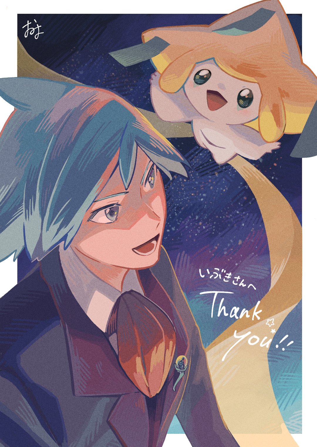 1boy bangs blue_eyes blue_hair border collared_shirt commentary_request highres jacket jirachi lower_teeth male_focus mythical_pokemon necktie omyo_(myomyomyo22) open_mouth pokemon pokemon_(game) pokemon_oras shirt short_hair signature star_(symbol) steven_stone thank_you tongue white_border white_shirt