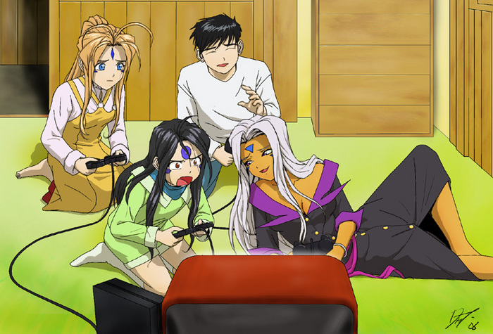 aa_megami-sama antenna_hair belldandy black_hair bracelet brown_eyes brown_hair cleavage dark-skinned_female facial_mark fanart game_controller game_freak girls laughing long_hair morisato_keiichi open_mouth playstation_controller seiza sisters sitting skuld television_set urd white_hair