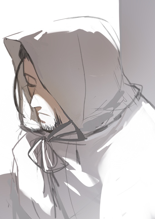 1boy backlighting black_eyes black_hair cape closed_eyes closed_mouth facial_hair goatee golden_kamuy hair_slicked_back hair_strand hood hood_up hooded_cape male_focus midomido ogata_hyakunosuke scar scar_on_cheek scar_on_face short_hair sideburns solo stubble undercut upper_body