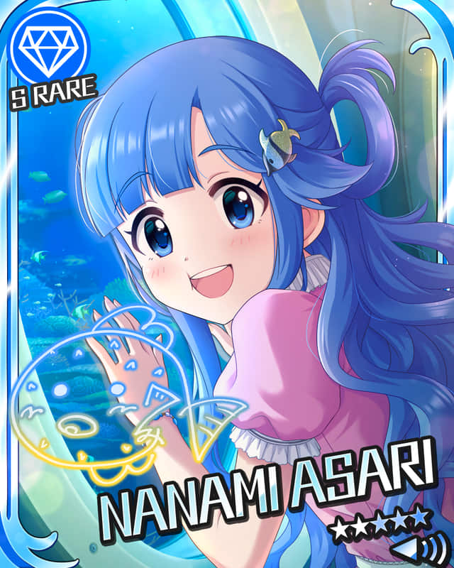 asari_nanami blue_eyes blue_hair blush character_name dress idolmaster idolmaster_cinderella_girls long_hair smile stars