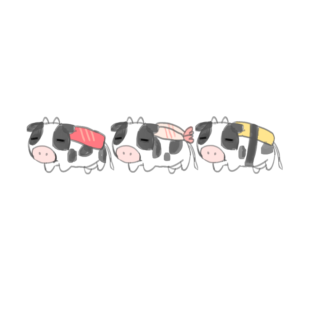 animal chibi chihuri closed_eyes commentary_request cow facing_viewer food no_humans original simple_background sushi white_background