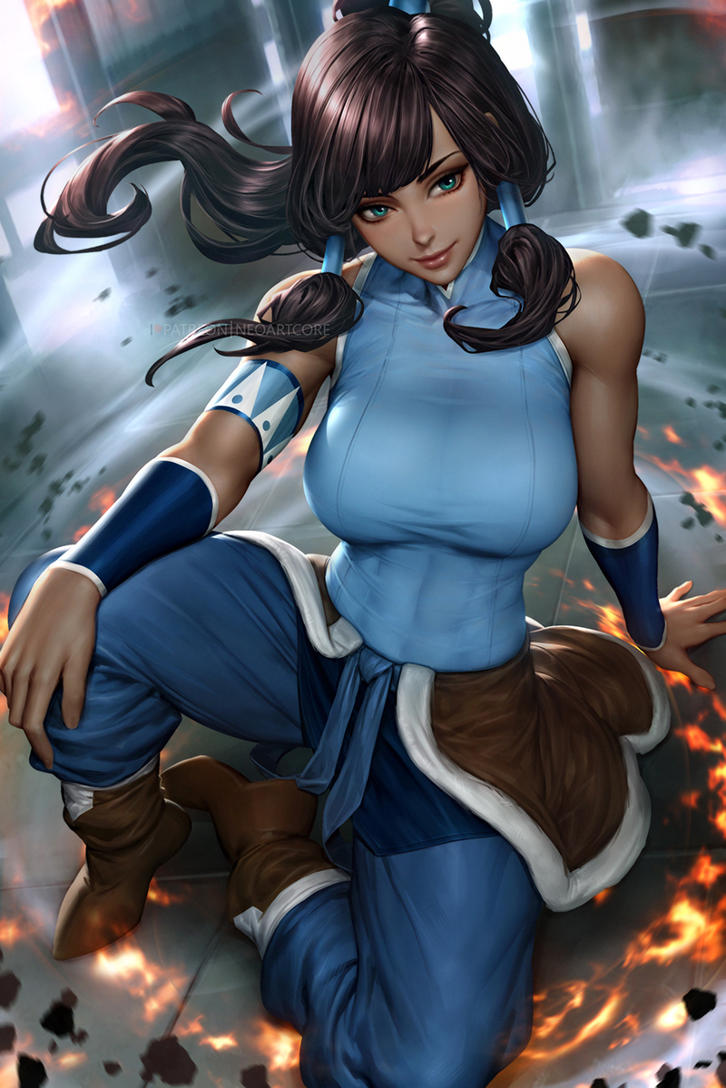 1girl arm_support armband avatar_(series) blue_eyes boots breasts brown_hair covered_abs covered_navel dark-skinned_female dark_skin element_bending fire korra neoartcore pelt ponytail rock sitting sleeveless solo the_legend_of_korra wariza wind