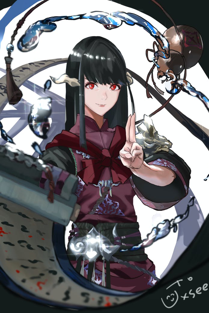 1girl au_ra black_hair black_sash closed_mouth commission dress final_fantasy final_fantasy_xiv gourd hand_up horns kdm_(ke_dama) long_hair long_sleeves looking_at_viewer red_dress red_eyes sash scroll signature skeb_commission smile solo upper_body water