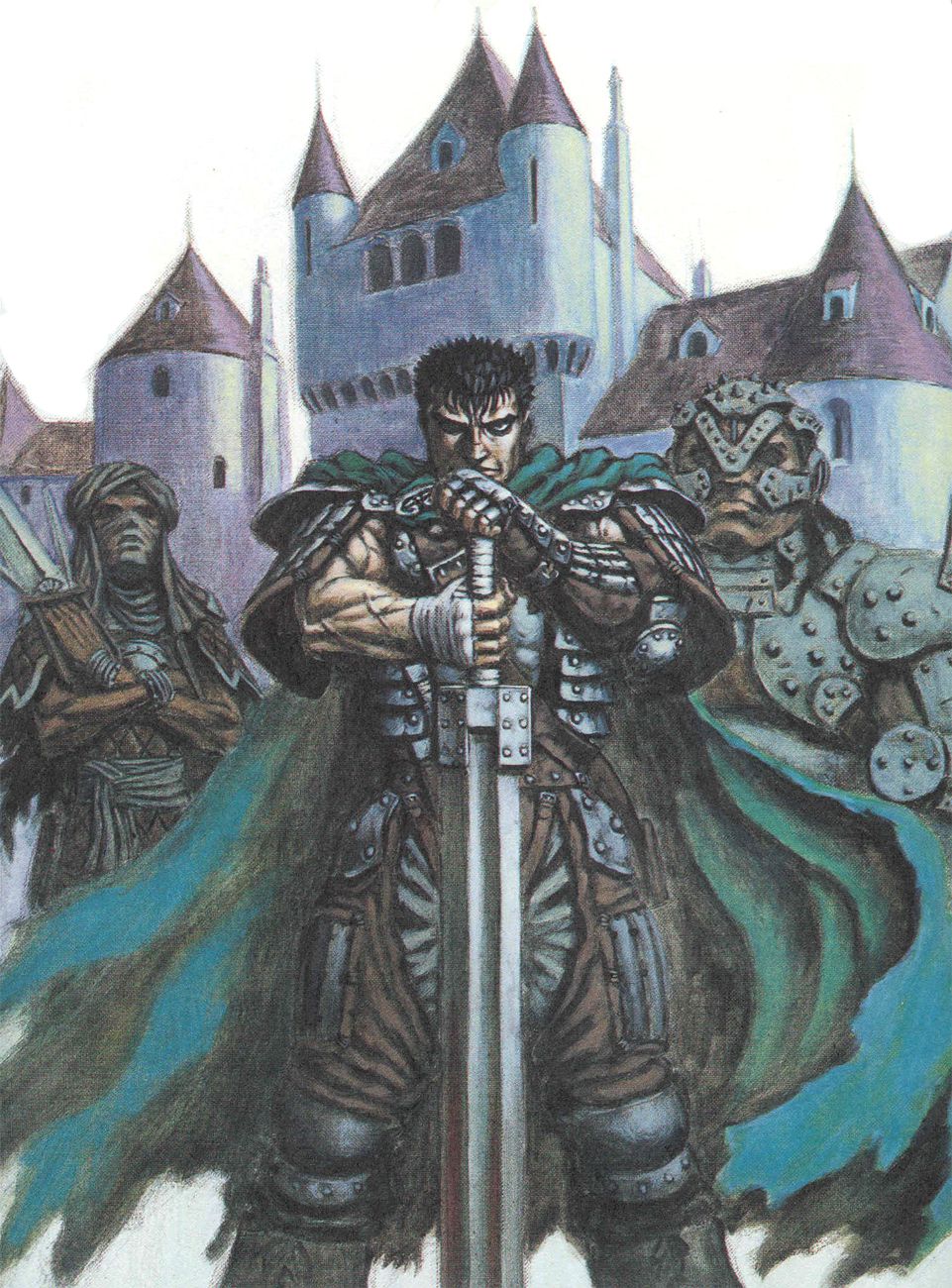 3boys armor berserk black_hair cape castle day facing_viewer feet_out_of_frame guts_(berserk) helmet highres holding holding_sword holding_weapon male_focus miura_kentarou multiple_boys official_art outdoors planted planted_sword scan silat standing sword turban weapon