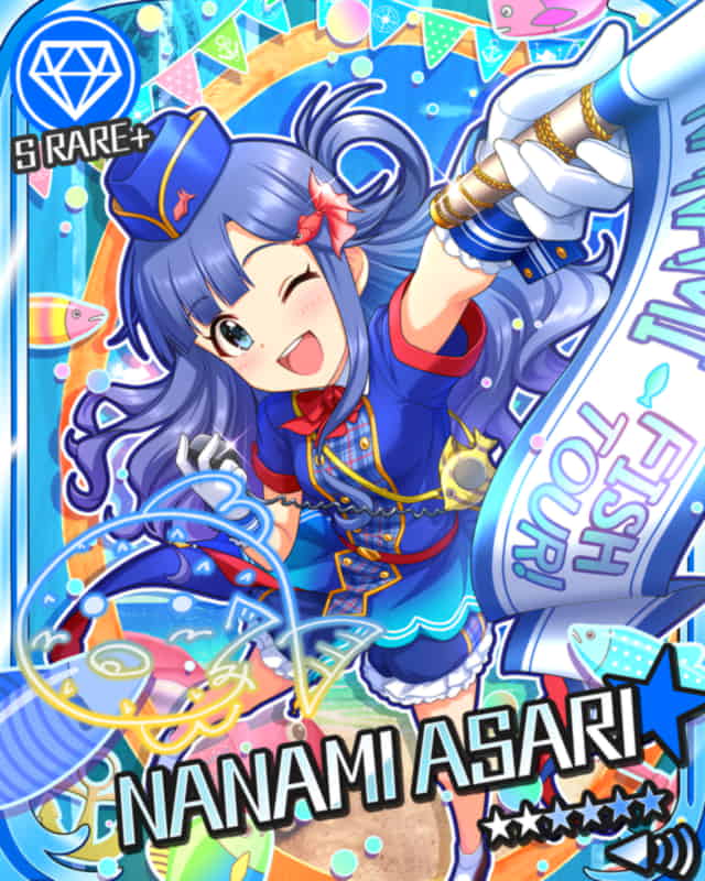 asari_nanami blue_eyes blue_hair blush character_name dress idolmaster idolmaster_cinderella_girls long_hair smile stars wink