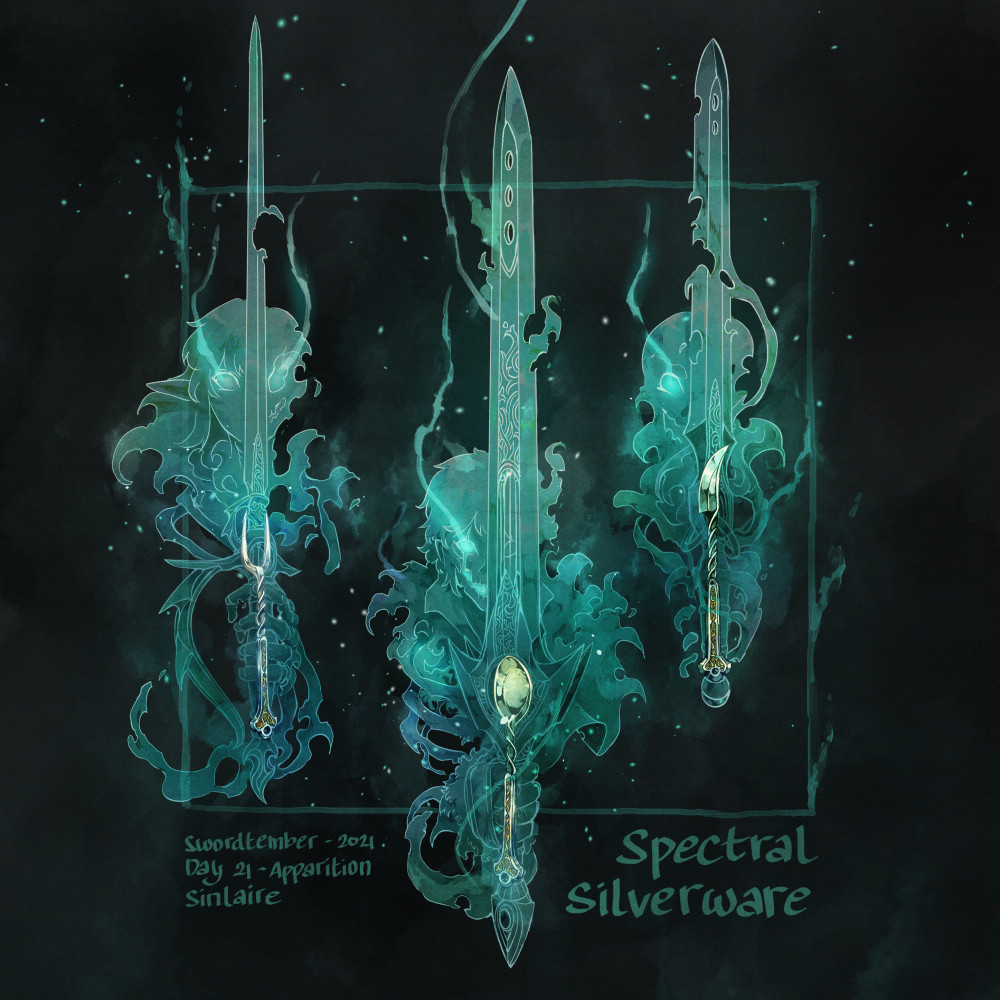 artist_name black_background commentary dated english_commentary english_text fantasy fork ghost knife original simple_background sinlaire spectral spoon sword weapon weapon_focus