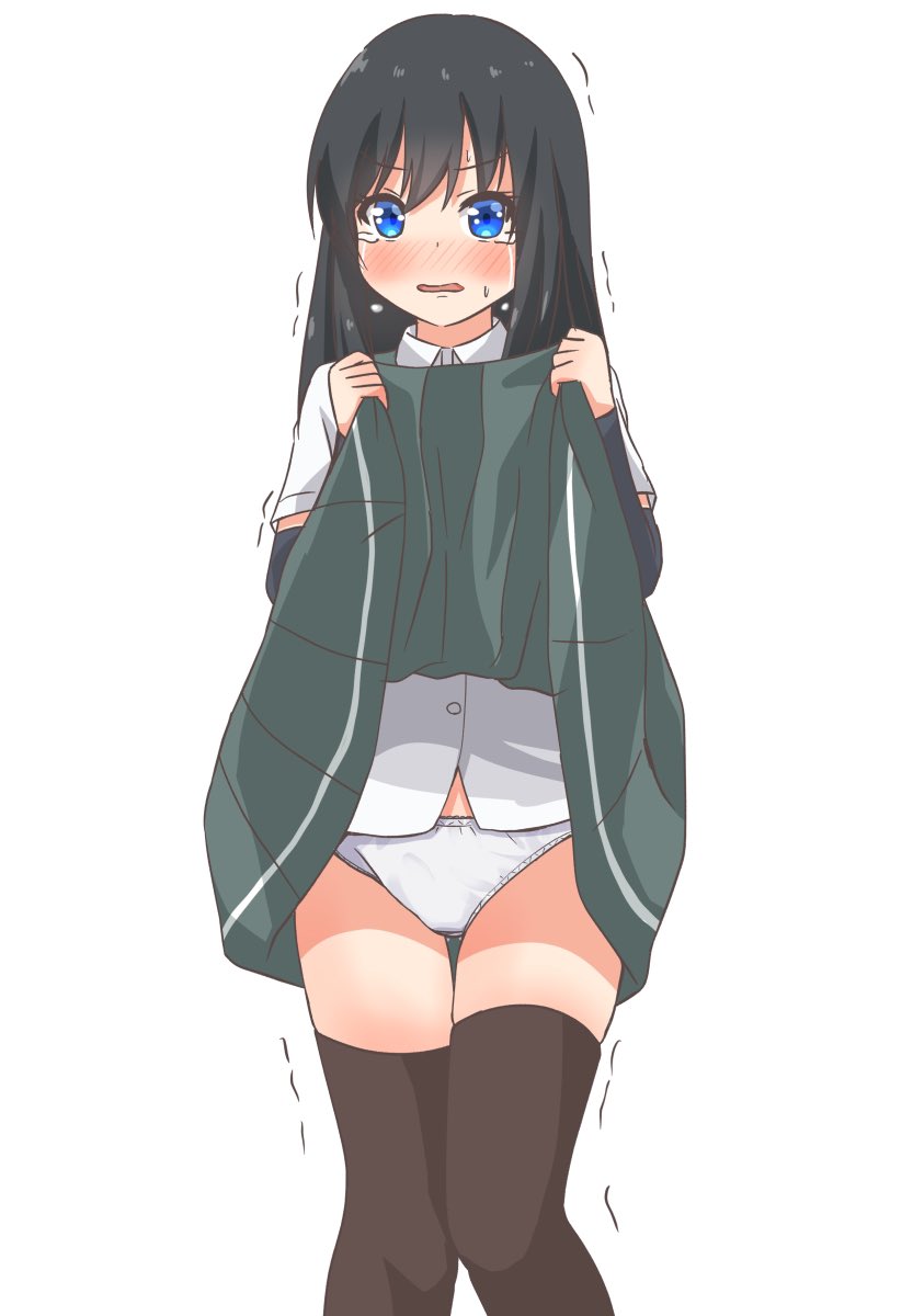 1girl arm_warmers asashio_(kancolle) black_hair black_legwear blue_eyes blush clothes_lift comiching commentary crying eyebrows_visible_through_hair grey_skirt highres kantai_collection long_hair open_mouth panties shirt short_sleeves simple_background skirt skirt_lift solo standing tears thigh-highs underwear white_background white_panties white_shirt