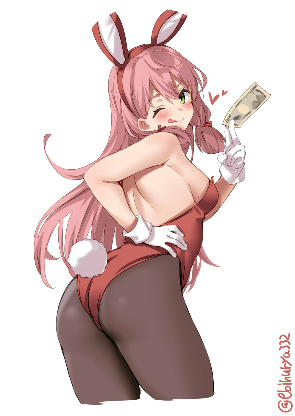 1girl :p akashi_(kancolle) alternate_costume animal_ears back blush bow bowtie breasts brown_legwear covered_navel cowboy_shot detached_collar ebifurya eyebrows_visible_through_hair fake_animal_ears fake_tail gloves green_eyes hair_between_eyes hair_ribbon highres kantai_collection leotard lifted_by_self long_hair looking_at_viewer looking_back money pantyhose pink_hair playboy_bunny rabbit_ears rabbit_tail red_leotard ribbon side-tie_leotard simple_background small_breasts solo strapless strapless_leotard tail tongue tongue_out twitter_username white_background white_gloves wrist_cuffs