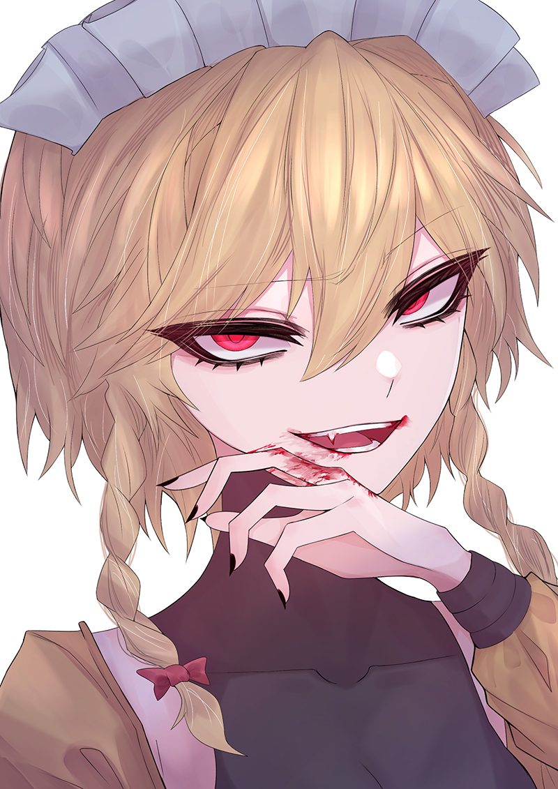 1girl 33_gaff alternate_costume alternate_hair_color arm_up bangs blonde_hair blood blood_on_face blood_on_hands braid collarbone commentary_request cosplay cropped_torso dio_brando dio_brando_(cosplay) eyebrows_visible_through_hair fang flat_chest hair_between_eyes hair_ribbon izayoi_sakuya jojo_no_kimyou_na_bouken long_sleeves looking_at_viewer lower_teeth medium_hair open_mouth red_eyes red_ribbon ribbon simple_background solo touhou tress_ribbon twin_braids upper_teeth white_background