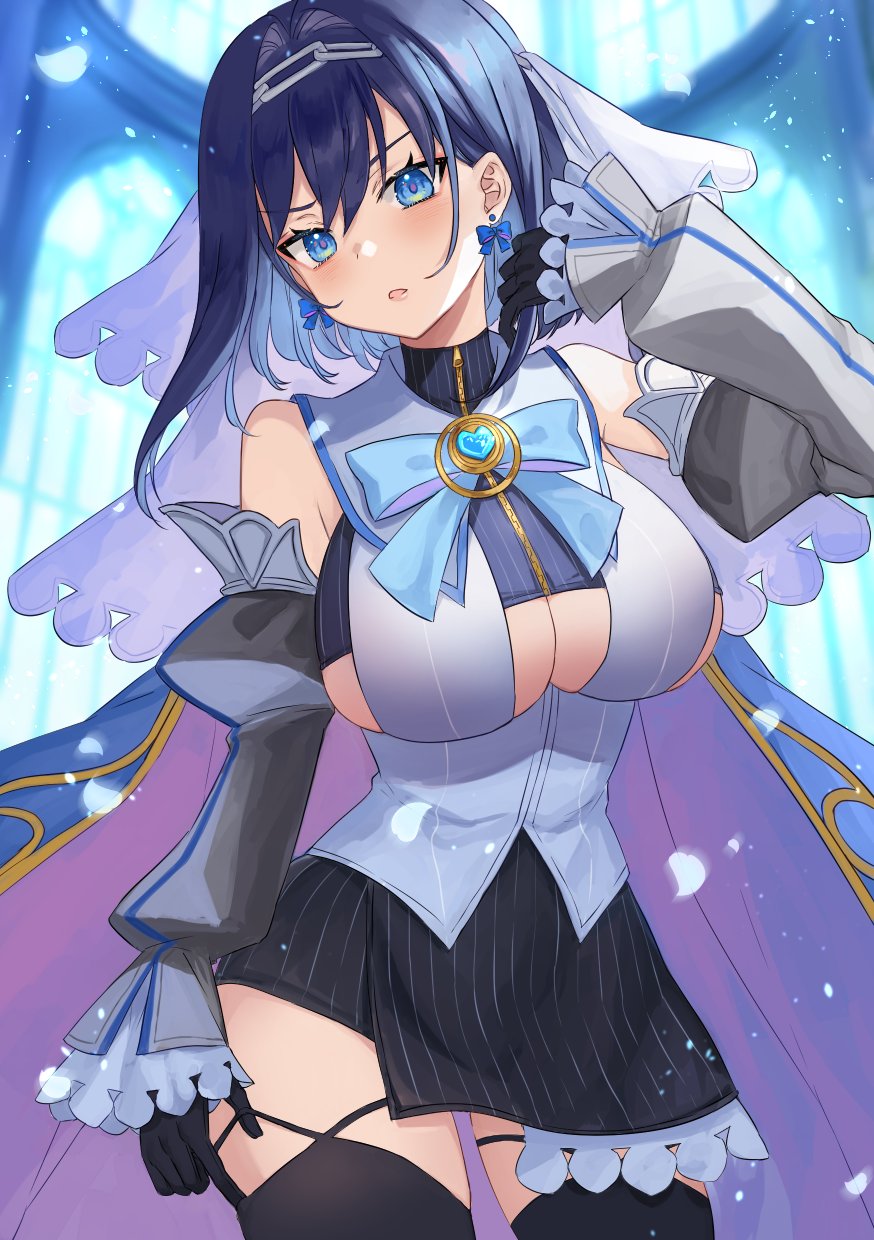 1girl asymmetrical_clothes black_gloves black_legwear blue_bow blue_cape blue_hair blue_ribbon blush bow bow_earrings breasts cape chain cleavage_cutout clothing_cutout detached_sleeves earrings gloves hair_intakes hand_on_hip head_tilt headband heart-shaped_gem highres hololive hololive_english jewelry large_breasts micro_shorts miniskirt open_mouth ouro_kronii petals ribbon sailor_collar shirt short_hair shorts skirt sleeveless sleeveless_shirt solo sweater ten-chan_(eternal_s) thigh-highs turtleneck turtleneck_sweater under_boob underboob_cutout veil virtual_youtuber window zipper