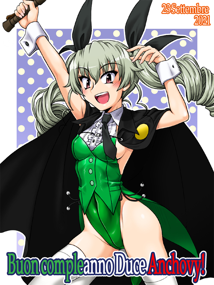 1girl anchovy_(girls_und_panzer) blush breasts brown_eyes cape covered_navel dated drill_hair eyebrows_visible_through_hair girls_und_panzer green_hair green_leotard hair_ornament hair_ribbon leotard long_hair looking_at_viewer oosaka_kanagawa open_mouth playboy_bunny ribbon shiny shiny_hair sideboob small_breasts smile solo thigh-highs twin_drills twintails white_legwear