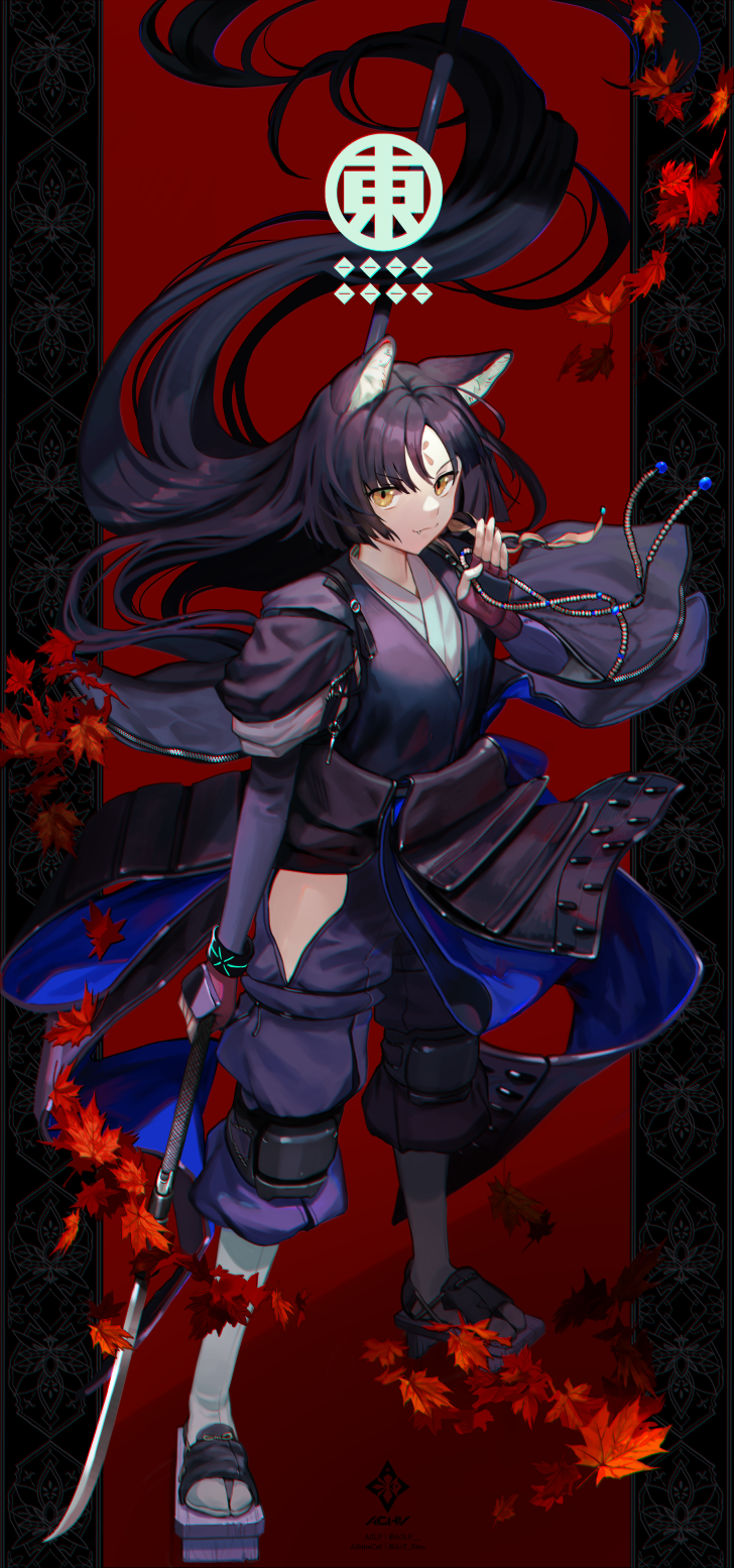 1girl :3 a0lp animal_ears arknights armor artist_logo bangs beads black_hair black_kimono closed_mouth commentary dog_ears english_commentary eyebrows_visible_through_hair facial_mark fang fingerless_gloves floating_hair forehead_mark full_body geta gloves highres holding holding_weapon infection_monitor_(arknights) japanese_clothes kimono knee_pads leaf long_hair looking_at_viewer maple_leaf naginata pants parted_bangs polearm prayer_beads purple_pants saga_(arknights) side_slit smile solo standing tabi v-shaped_eyebrows very_long_hair weapon white_legwear yellow_eyes