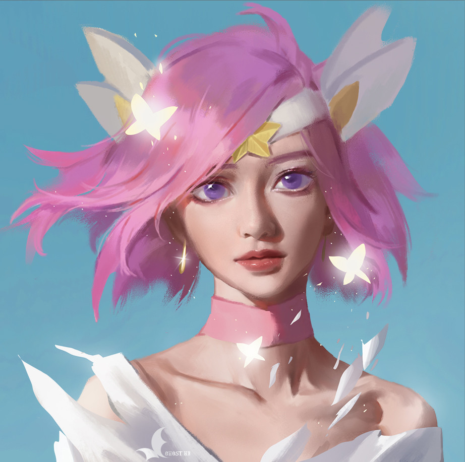 1girl ahoge blue_background choker collarbone commentary_request earrings jewelry league_of_legends lux_(league_of_legends) pink_choker pink_hair short_hair solo star_(symbol) star_guardian_(league_of_legends) star_guardian_lux violet_eyes xiaoxiao_(ghost_husband)