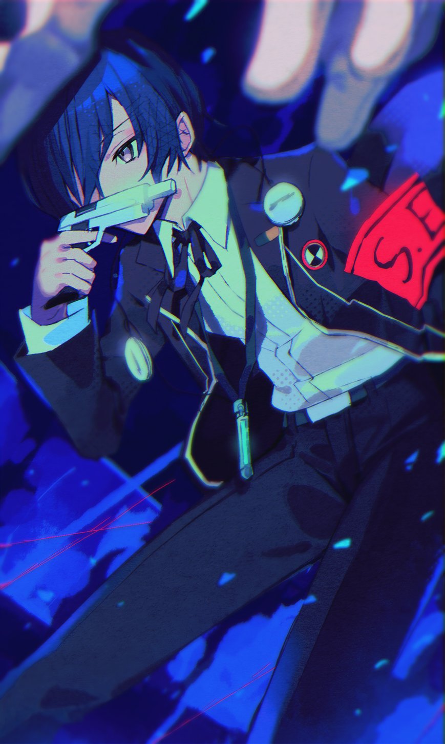 1boy armband bangs black_neckwear black_pants blue_hair evoker gekkoukan_high_school_uniform gun hair_over_one_eye highres holding holding_gun holding_weapon jacket long_sleeves male_focus miwasiba neck_ribbon pants persona persona_3 ribbon school_uniform shirt solo weapon white_shirt yuuki_makoto