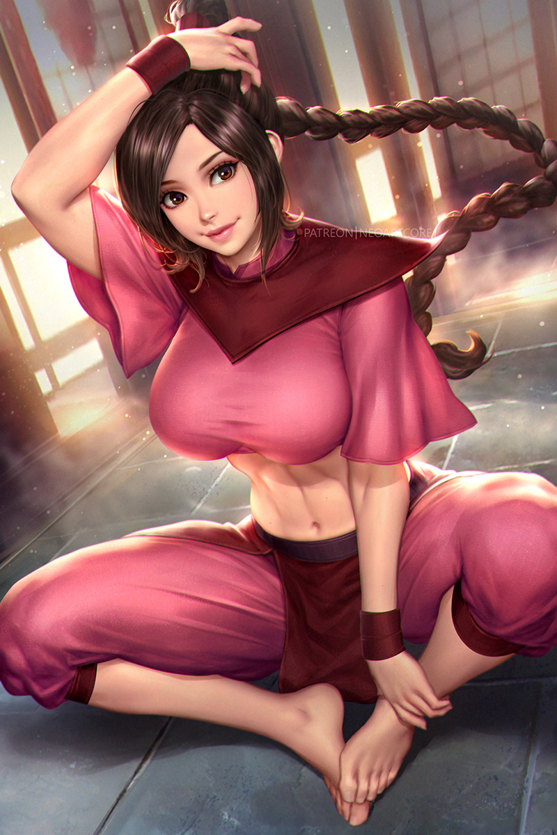 1girl arm_up avatar:_the_last_airbender avatar_(series) barefoot braid braided_ponytail breasts brown_eyes brown_hair hand_on_own_head indian_style large_breasts looking_at_viewer midriff navel neoartcore sitting smile solo stomach toned ty_lee