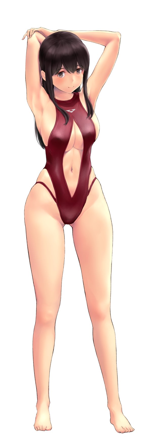 1girl akagi_(kancolle) armpits arms_behind_head arms_up bangs bare_arms bare_legs barefoot breasts brown_eyes brown_hair closed_mouth clothing_cutout commentary_request covered_nipples full_body highleg highleg_swimsuit highres kantai_collection long_hair looking_at_viewer medium_breasts navel navel_cutout one-piece_swimsuit red_swimsuit shiny shiny_hair simple_background smile solo standing stomach swimsuit toes wa_(genryusui) white_background