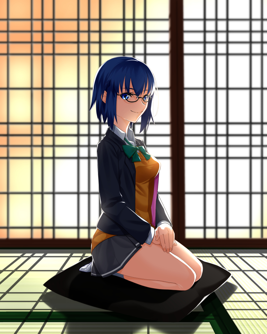 1girl bangs black-framed_eyewear black_jacket blue_eyes blue_hair bow bowtie breasts ciel_(tsukihime) closed_mouth collared_shirt commentary cushion glasses green_bow green_neckwear grey_skirt hair_between_eyes indoors jacket long_sleeves looking_at_viewer medium_breasts miniskirt open_clothes open_jacket pleated_skirt school_uniform seiza shirt short_hair sidelocks sitting skirt smile socks solo thighs trick1601 tsukihime tsukihime_(remake) uniform vest white_legwear white_shirt yellow_vest zabuton