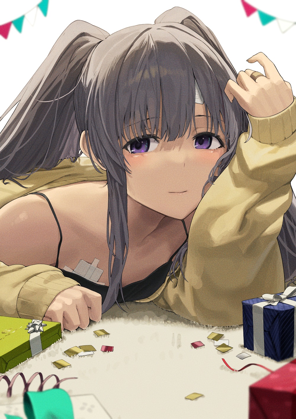 1girl arm_up bandaid bandaid_on_breast bandaid_on_forehead bangs box closed_mouth eyebrows_visible_through_hair gift gift_box grey_hair hair_between_eyes highres idolmaster idolmaster_shiny_colors jacket jewelry long_hair long_sleeves looking_at_viewer lying noeru on_stomach ring sidelocks sleeves_past_wrists solo spaghetti_strap string_of_flags symbol-only_commentary twintails upper_body violet_eyes white_background yellow_jacket yuukoku_kiriko