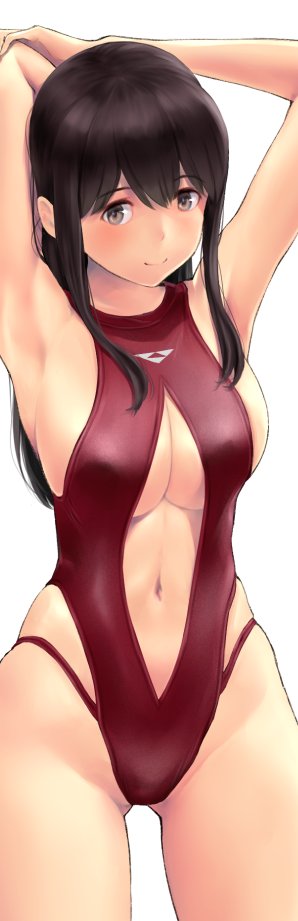 1girl akagi_(kancolle) armpits arms_behind_head arms_up bangs breasts brown_eyes brown_hair closed_mouth clothing_cutout commentary_request covered_nipples highleg highleg_swimsuit kantai_collection long_hair looking_at_viewer medium_breasts navel navel_cutout one-piece_swimsuit red_swimsuit shiny shiny_hair simple_background smile solo stomach swimsuit wa_(genryusui) white_background