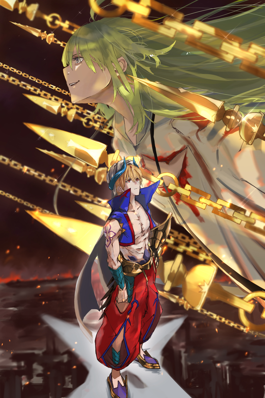 2boys blonde_hair blood blue_vest chain closed_mouth enkidu_(weapon)_(fate) fate/grand_order fate_(series) from_side gilgamesh_(caster)_(fate) gilgamesh_(fate) green_eyes green_hair hakama hakama_pants highres horns japanese_clothes kdm_(ke_dama) kingu_(fate) long_hair multiple_boys navel open_clothes open_vest pants profile projected_inset red_pants shoes smile standing turban vest white_robe