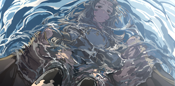 1girl bangs black_hair black_legwear bodystocking bracer breasts cape cape_lift closed_mouth curly_hair facial_mark fire_emblem fire_emblem_fates forehead_mark frown gold_trim harusame_(rueken) long_hair long_sleeves looking_at_viewer mask mouth_mask mouth_veil nyx_(fire_emblem) red_cape red_eyes reflection reflective_water refraction ripples small_breasts solo standing thigh-highs tsurime veil very_long_hair wading water wet