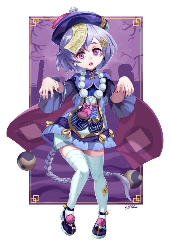 1girl :o bandaged_leg bandages bangs bead_necklace beads blue_shorts braid braided_ponytail cape chinese_clothes coin_hair_ornament commentary_request earrings eyebrows_visible_through_hair full_body genshin_impact hair_between_eyes hat jewelry jiangshi kikino knees_together_feet_apart long_hair long_sleeves looking_at_viewer low_ponytail necklace ofuda ofuda_on_clothes orb outstretched_arms purple_hair qing_guanmao qiqi_(genshin_impact) shorts sidelocks signature single_braid solo standing thigh-highs trait_connection violet_eyes white_legwear wide_sleeves yin_yang yin_yang_orb zettai_ryouiki zombie_pose
