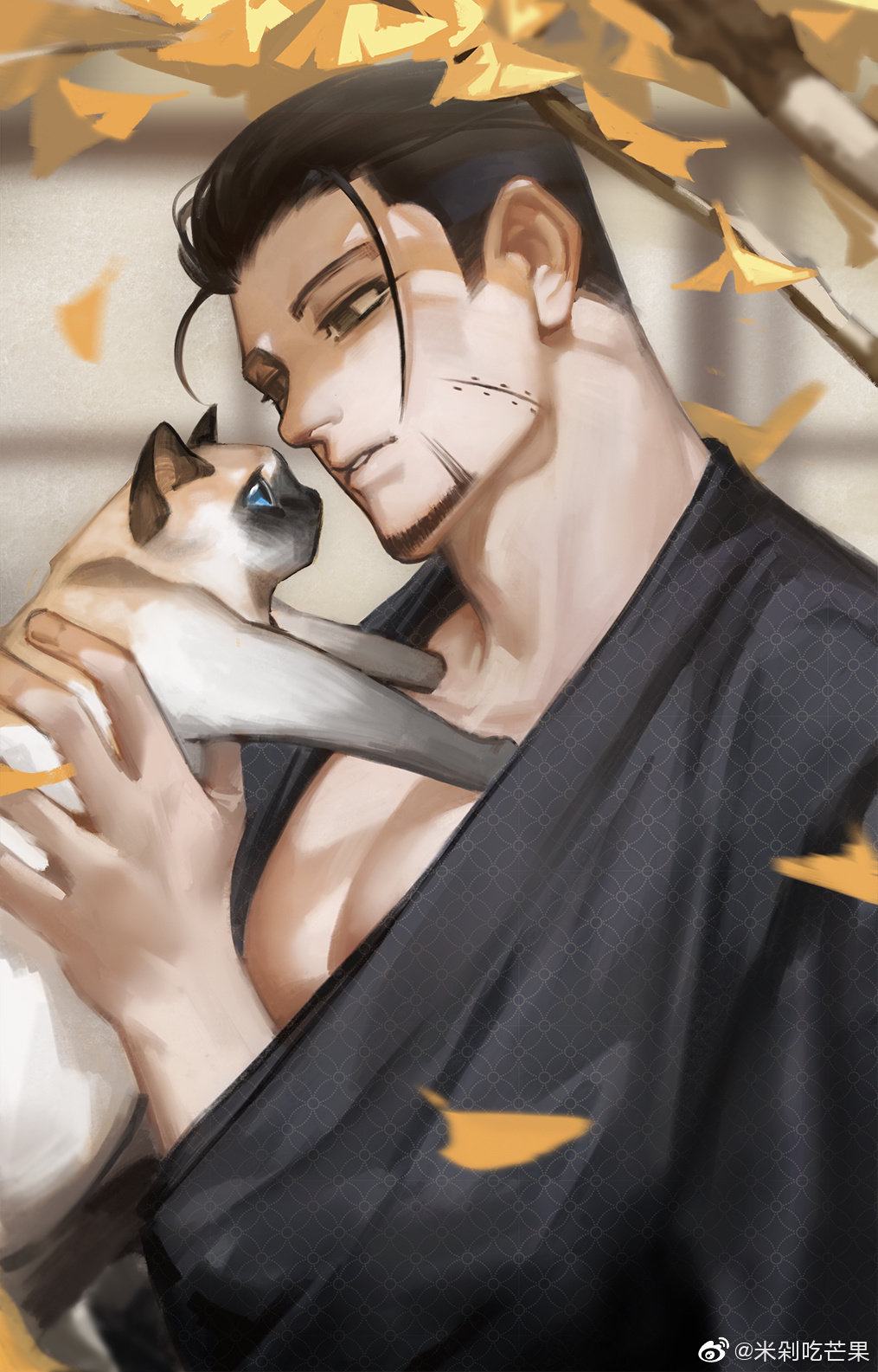 1boy alternate_costume animal black_eyes black_hair black_kimono casual cat eye_contact facial_hair goatee golden_kamuy hair_slicked_back hair_strand head_tilt highres holding holding_animal holding_cat japanese_clothes kimono leaf looking_at_another male_focus midomido ogata_hyakunosuke scar scar_on_cheek scar_on_face short_hair sideburns solo stubble toned toned_male undercut upper_body