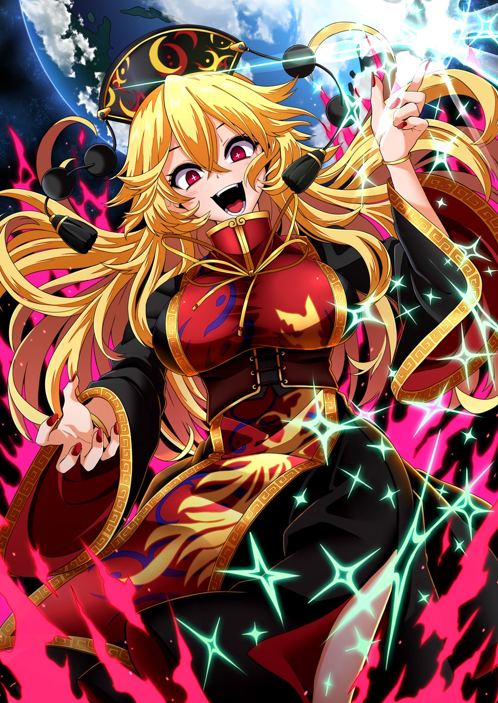 1girl arm_up aura bangle bangs blonde_hair bracelet breasts chinese_clothes corset cropped_legs earth_(planet) energy eyebrows_visible_through_hair fox_print frilled_sleeves frills hair_between_eyes highres jewelry junko_(touhou) large_breasts long_hair long_sleeves looking_at_viewer looking_to_the_side lower_teeth nail_polish open_mouth phoenix_crown planet red_eyes red_nails ribbon rihito_(usazukin) sash smile solo tabard tassel tongue touhou upper_teeth wide_sleeves yellow_neckwear yellow_ribbon