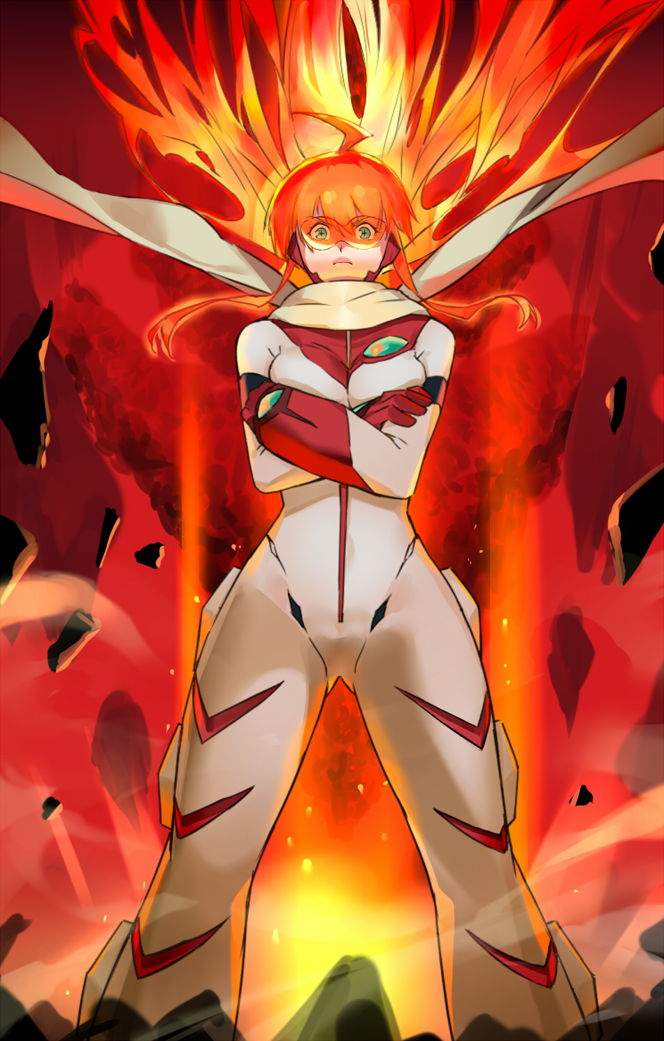 +_+ 1girl ahoge bangs bodysuit breasts crossed_arms explosion floating_hair gloves green_eyes gunbuster_pose highres looking_at_viewer medium_breasts negresco nono_(top_wo_nerae_2!) orange_hair red_gloves scarf solo sunglasses top_wo_nerae_2! white_bodysuit yellow_scarf