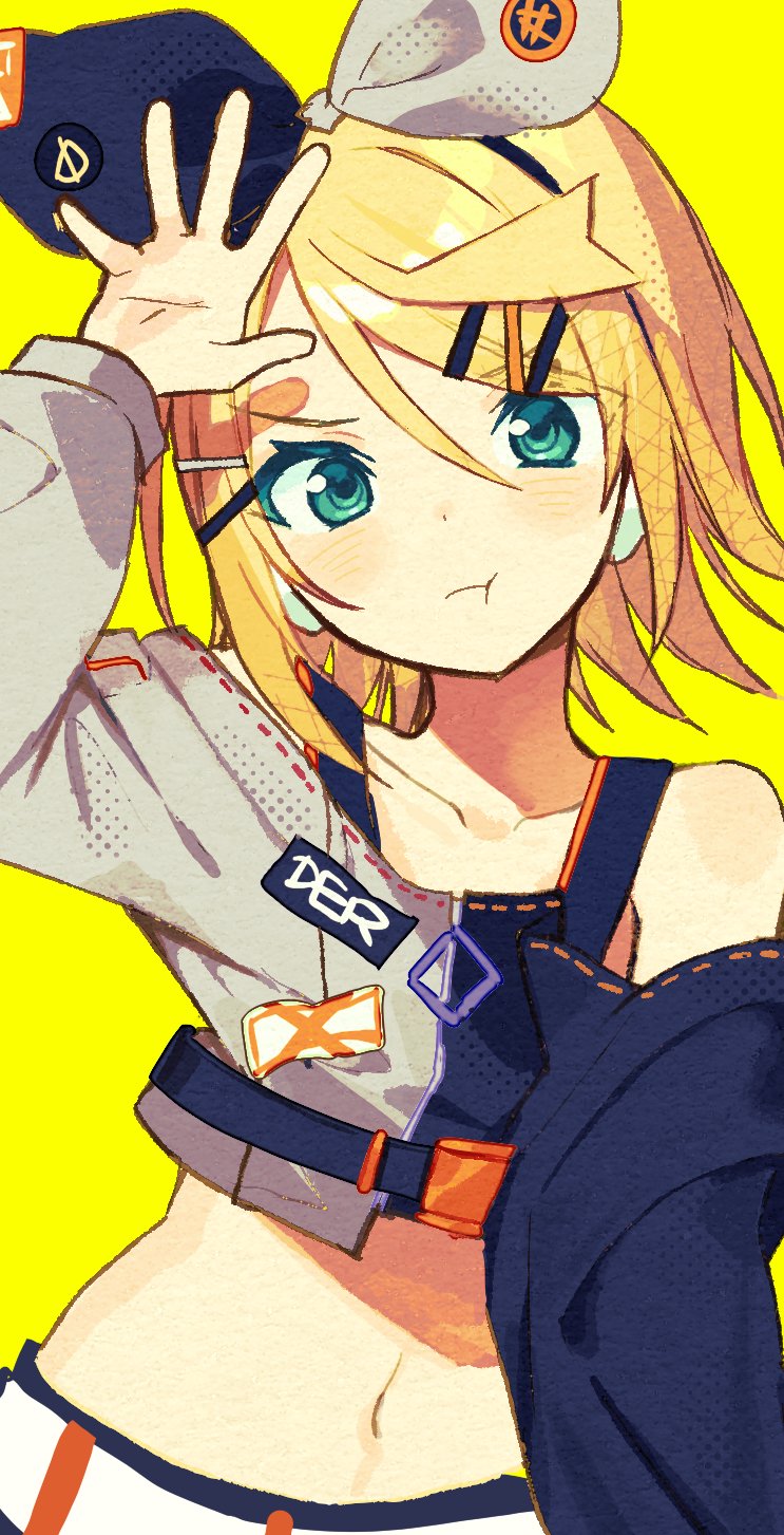 1girl :t arm_up asymmetrical_clothes bangs blonde_hair blue_eyes blush bow crop_top hair_between_eyes hair_bow hair_ornament hairclip highres kagamine_rin long_sleeves looking_at_viewer miwasiba multicolored_bow navel pout short_hair simple_background solo upper_body vocaloid yellow_background