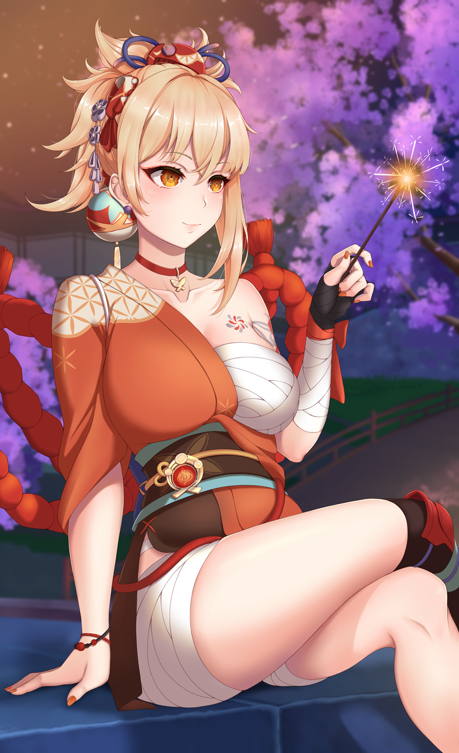 1girl arm_tattoo bangs blonde_hair bracelet breasts choker crossed_legs eyeliner fireworks genshin_impact hadanugi_dousa highres jewelry large_breasts leg_armor long_hair makeup obi orange_eyes rinko_riban sarashi sash sitting tattoo yoimiya_(genshin_impact)