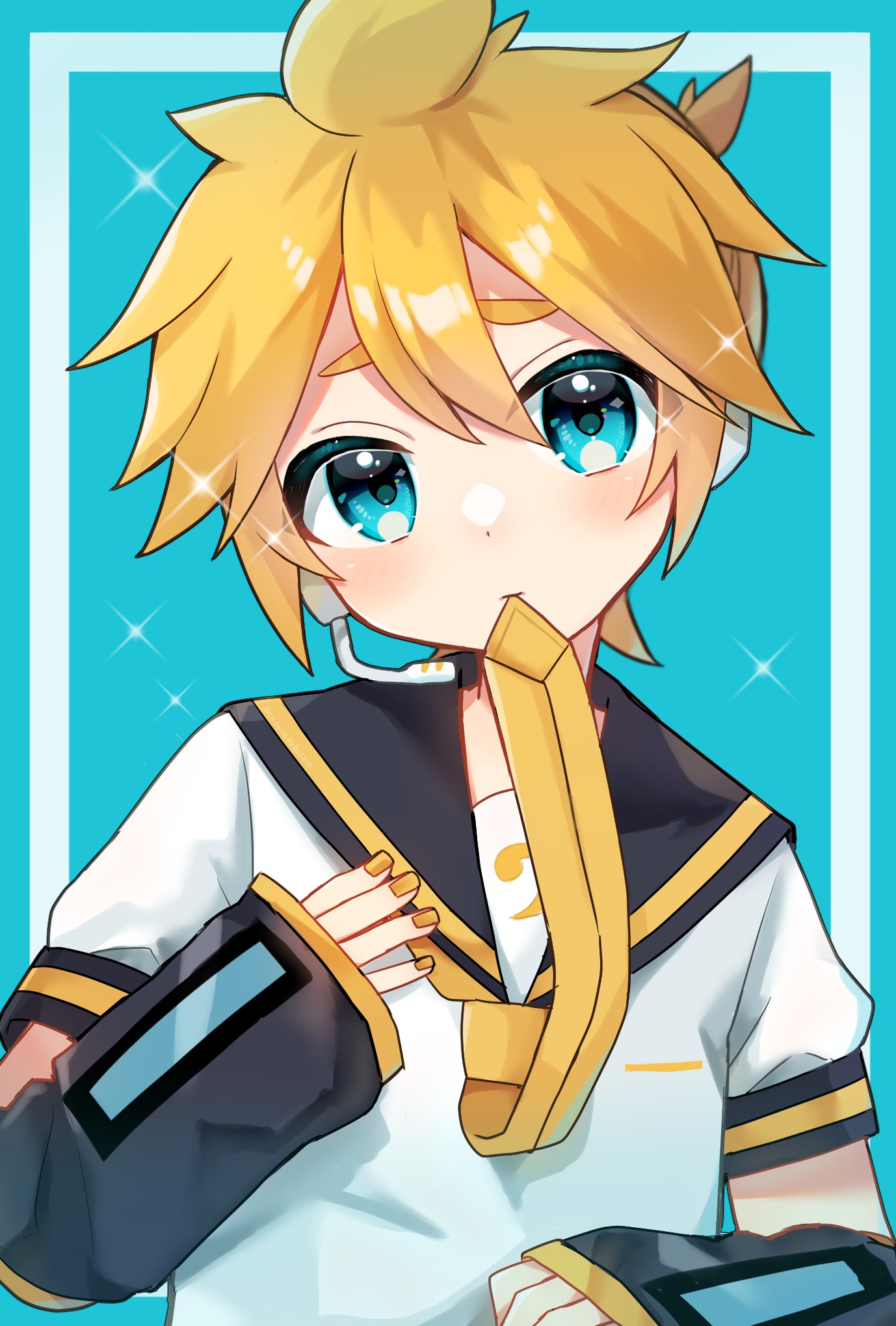 1boy akikan_sabago arm_warmers bass_clef black_collar blonde_hair blue_background collar commentary furrowed_brow hand_on_own_chest headphones headset highres kagamine_len looking_at_viewer male_focus meme mouth_hold nail_polish necktie necktie_in_mouth sailor_collar school_uniform shirt short_sleeves solo sparkle spiky_hair symbol-only_commentary upper_body vocaloid white_shirt yellow_nails yellow_neckwear