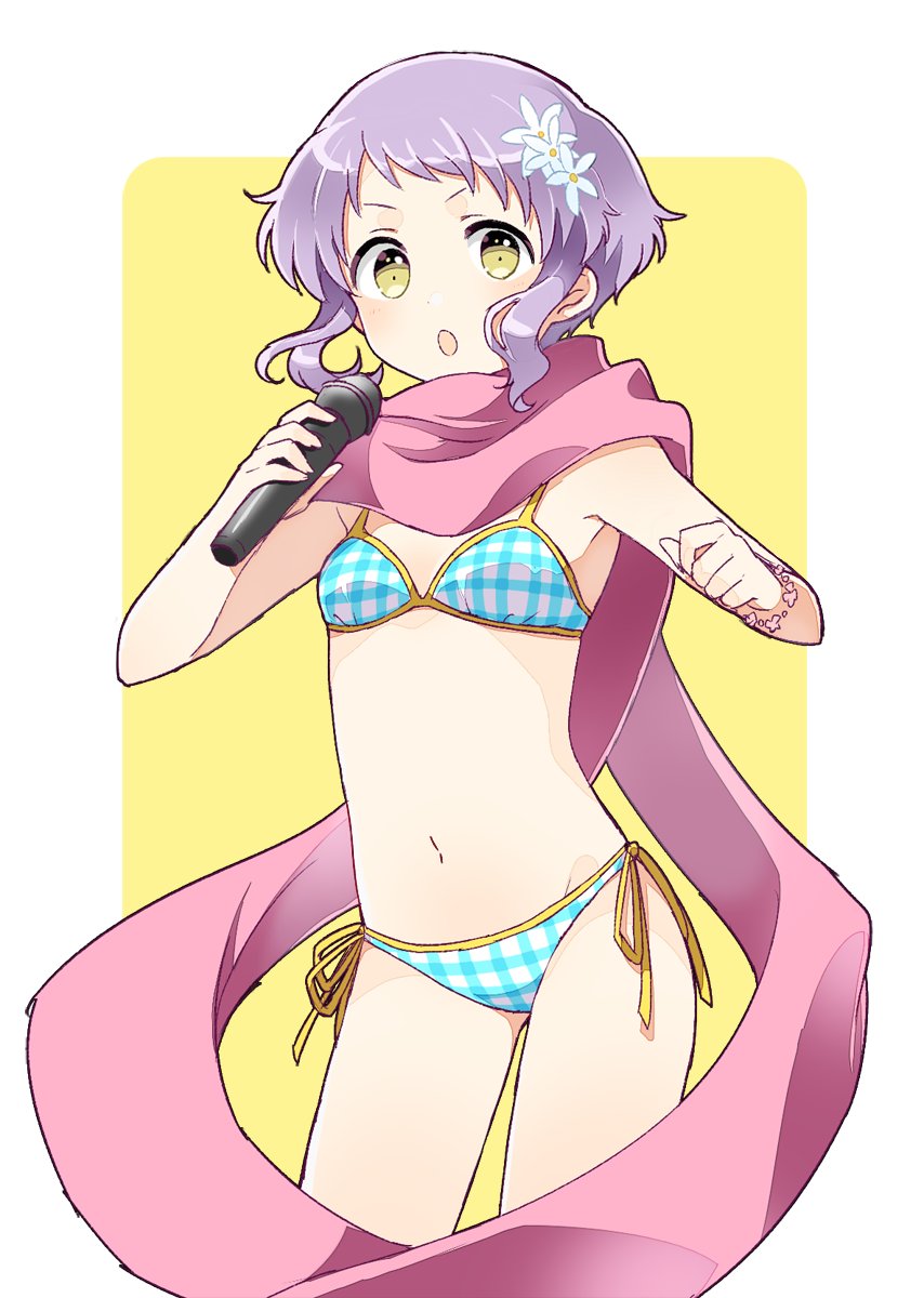 belly bikini blue_bikini bracelet breasts ears flower hair_flower hair_ornament highres holding holding_microphone idolmaster idolmaster_million_live! jewelry legs looking_at_viewer makabe_mizuki microphone navel open_mouth pink_scarf purple_hair scarf short_hair sidelocks small_breasts solo string_bikini swimsuit thighs toro_(shiro) v-shaped_eyebrows white_background yellow_eyes