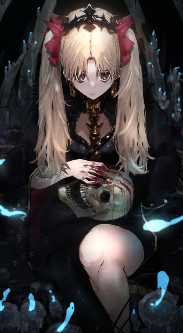 1girl black_dress blonde_hair blood blood_on_hands bow closed_mouth crown dress earrings ereshkigal_(fate) fate/grand_order fate_(series) hair_bow holding holding_skull jewelry kdm_(ke_dama) looking_at_viewer red_eyes sitting skull solo twintails