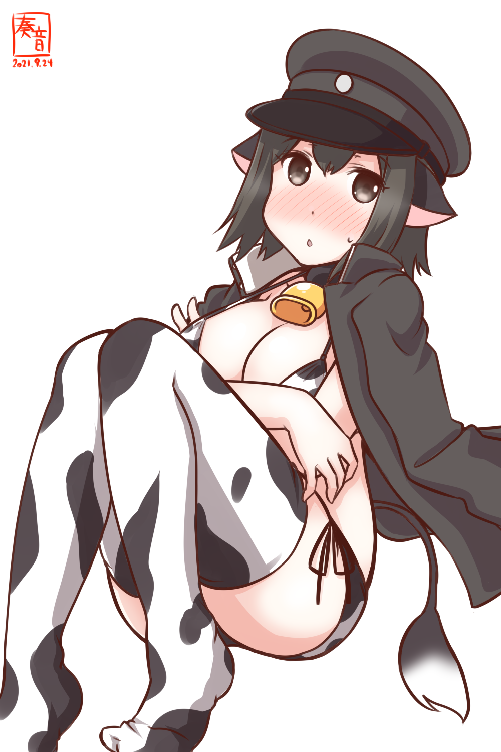 1girl akitsu_maru_(kancolle) alternate_costume animal_ears animal_print artist_logo bell bikini black_hair black_headwear blush breasts clothes_on_shoulders cow_ears cow_girl cow_print cow_tail cowbell dated grey_eyes hat highres jacket jacket_on_shoulders kanon_(kurogane_knights) kantai_collection large_breasts looking_at_viewer neck_bell one-hour_drawing_challenge pale_skin peaked_cap print_bikini print_legwear short_hair side-tie_bikini simple_background solo swimsuit tail thigh-highs white_background