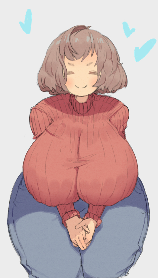 1girl =_= bangs blush breasts brown_hair closed_eyes cowboy_shot curvy denim drowsykrid english_commentary facing_viewer gigantic_breasts hands_together happy heart long_sleeves original pants plump ribbed_sweater shiny shiny_clothes shiny_hair shirt short_eyebrows simple_background smile solo sweater taut_clothes taut_shirt thick_thighs thighs turtleneck turtleneck_sweater white_background wide_hips