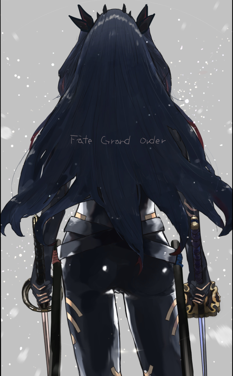 1girl ass black_bodysuit black_bow blue_hair bodysuit bow contrapposto copyright_name cowboy_shot dual_wielding facing_away fate/grand_order fate_(series) from_behind hair_bow highres holding holding_sword holding_weapon ishtar_(fate)_(all) kdm_(ke_dama) long_hair solo space_ishtar_(fate) sword weapon