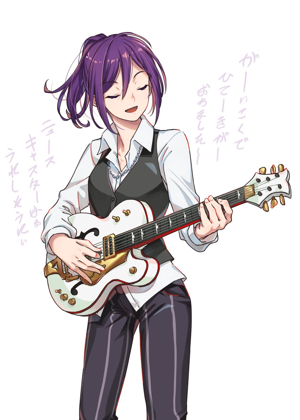 1girl :d aya_shachou bang_dream! black_vest closed_eyes collared_shirt facing_viewer formal highres holding holding_instrument holding_plectrum instrument long_sleeves medium_hair music open_mouth pant_suit playing_instrument ponytail seta_kaoru shirt smile solo suit translation_request vest white_shirt wing_collar