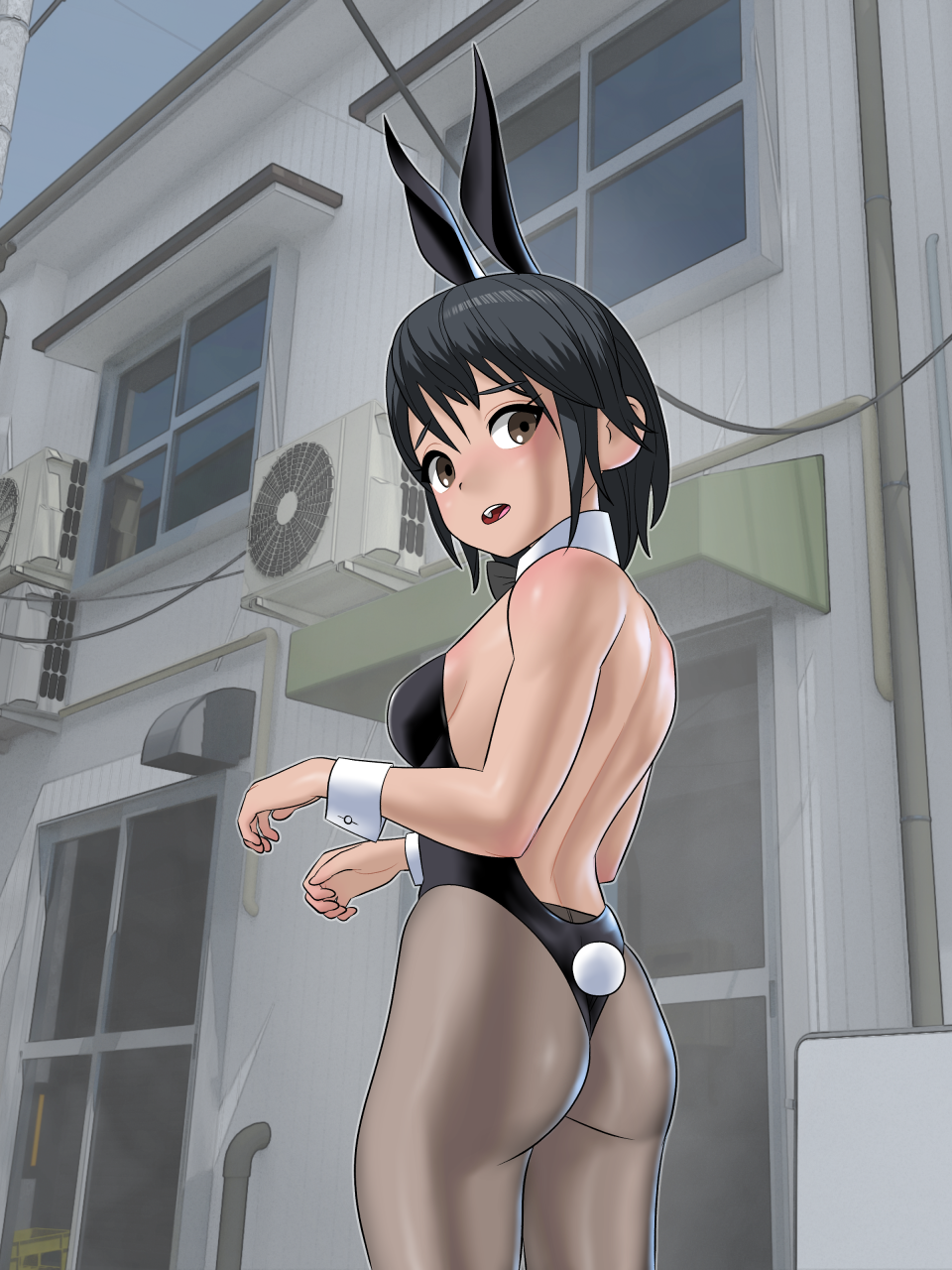1girl air_conditioner animal_ears ass awning bangs bare_back bare_shoulders black_hair black_leotard blush bob_cut breasts brown_eyes building commentary_request cowboy_shot detached_collar door ductwork fake_animal_ears fake_tail from_behind from_below grey_legwear hands_up herikutsu_ryuutsuu_center highres leotard looking_at_viewer looking_back medium_breasts open_mouth original outdoors pantyhose pipe playboy_bunny rabbit_ears rabbit_tail raised_eyebrows short_hair solo strapless strapless_leotard tail upper_teeth window wrist_cuffs