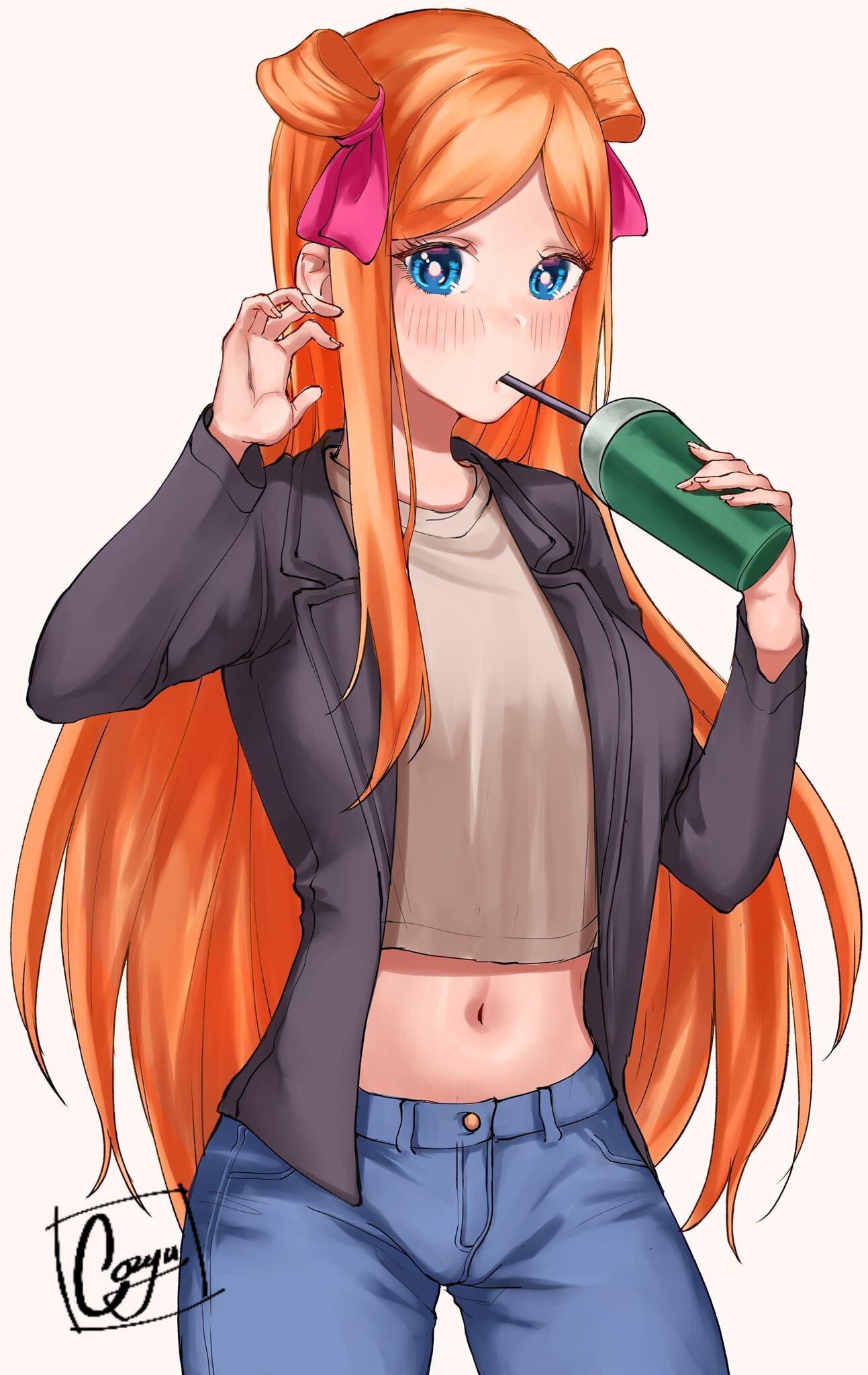 1girl black_jacket blue_eyes blue_pants blush bow bright_pupils commission cowboy_shot cozyu cropped_shirt double_bun drinking_straw grey_shirt hair_bow hand_up highres holding jacket long_hair long_sleeves looking_at_viewer midriff navel open_clothes open_jacket orange_hair original pants pink_bow shirt signature simple_background sipping solo white_background white_pupils