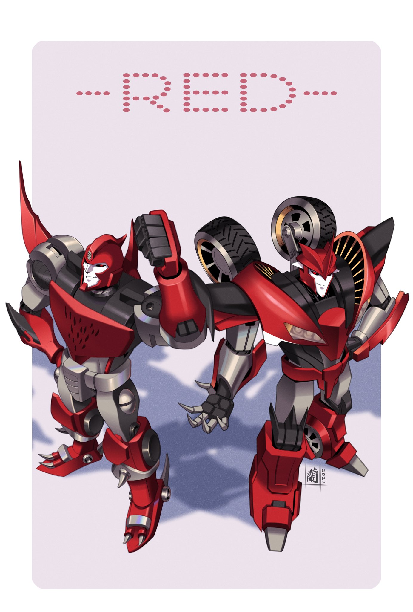 2boys beast_wars beast_wars:_transformers black_sclera clenched_hand color_connection colored_sclera decepticon highres knockout_(transformers) lantana0_0 looking_up mecha multiple_boys no_humans open_hand predacon red_eyes red_theme science_fiction shadow smirk terrorsaur transformers transformers_prime