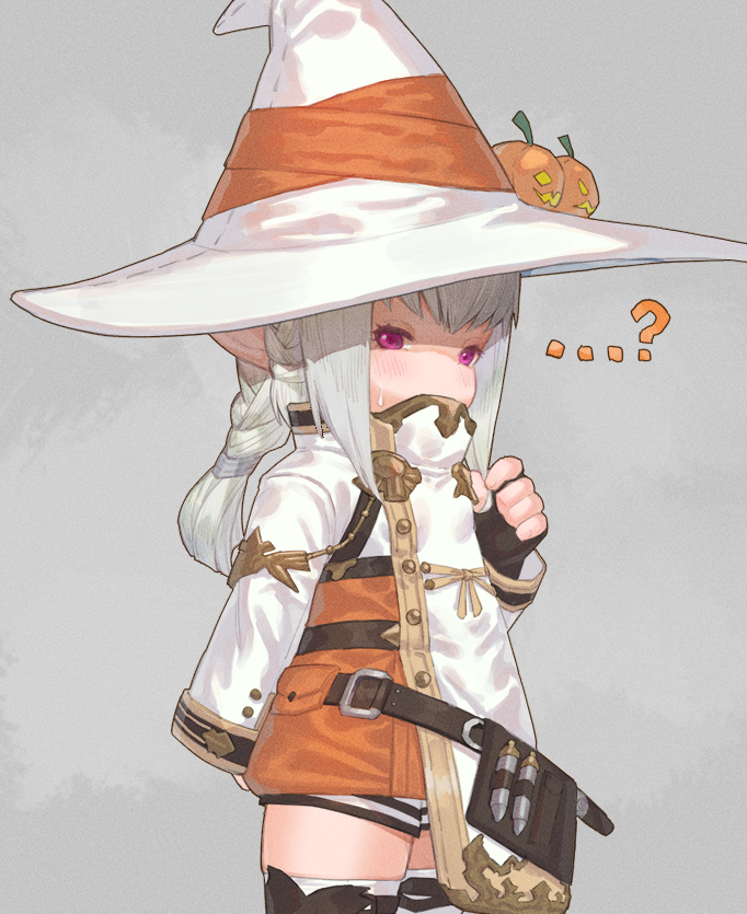 ...? 1girl bangs black_gloves braid commentary_request commission covered_mouth dress final_fantasy final_fantasy_xiv fingerless_gloves gloves grey_background grey_hair hand_up hat jack-o'-lantern lalafell long_hair long_sleeves looking_at_viewer orange_dress pointy_ears simple_background skeb_commission solo thigh-highs uori violet_eyes white_headwear white_legwear witch_hat