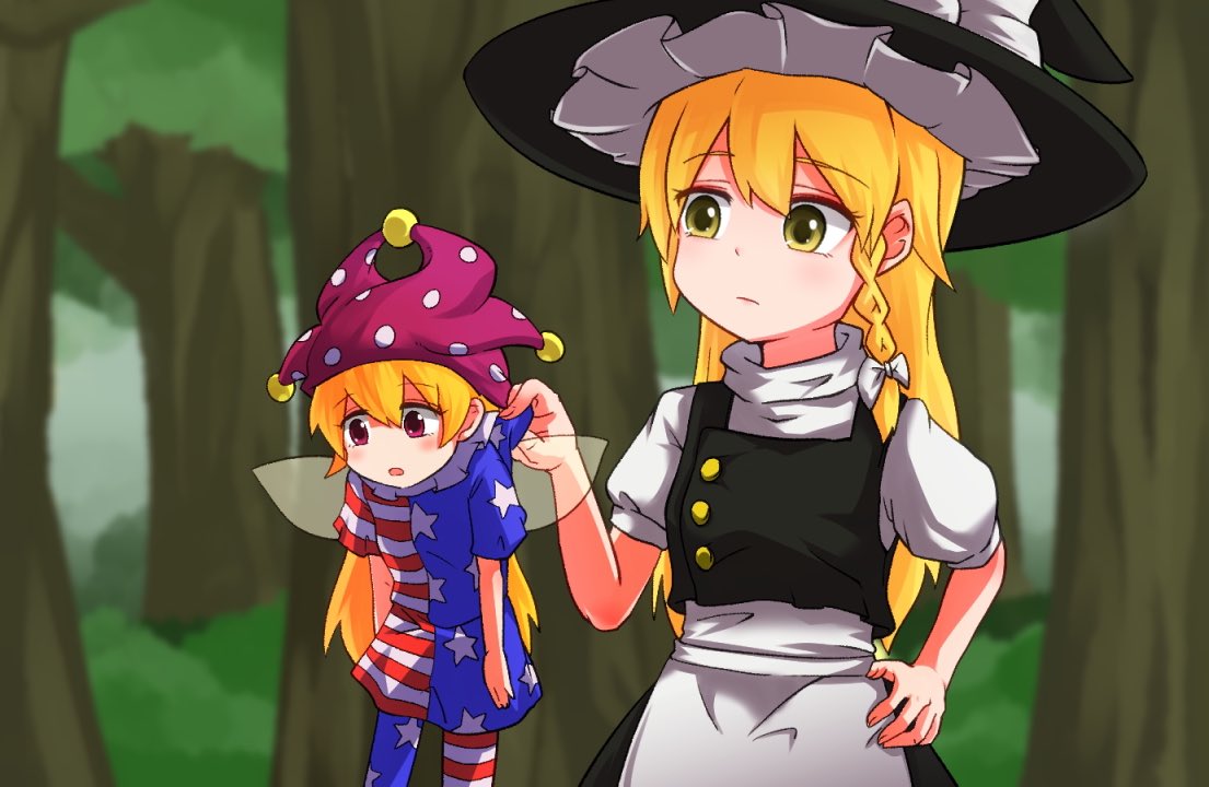 2girls american_flag american_flag_dress american_flag_legwear bangs black_headwear black_vest blonde_hair blush bow braid character_request closed_mouth clownpiece commentary_request cookie_(touhou) day eyebrows_visible_through_hair fairy_wings feet_out_of_frame forest hair_bow hat hat_bow jester_cap kirisame_marisa leggings long_hair looking_at_another multiple_girls nature neck_ruff open_mouth outdoors picking_up pink_eyes polka_dot_headwear puffy_short_sleeves puffy_sleeves shirt short_sleeves side_braid single_braid star_(symbol) star_print touhou very_long_hair vest white_bow white_shirt wings yan_pai yellow_eyes