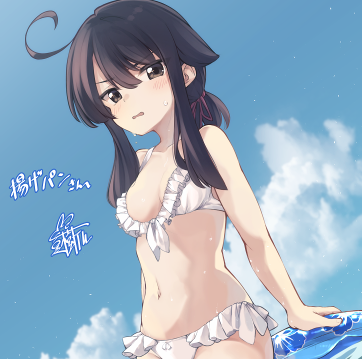 1girl bangs bare_arms bare_shoulders bikini black_hair blue_sky blush breasts brown_eyes clouds commentary_request day eyebrows_visible_through_hair frilled_bikini frills hair_between_eyes innertube long_hair low_ponytail natsuki_teru navel original outdoors parted_lips ponytail shikibe_ayaka sidelocks signature sky small_breasts solo swimsuit translation_request wavy_mouth wet