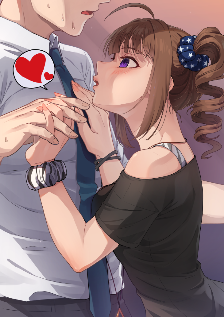 1boy 1girl ahoge bangs black_shirt blue_neckwear blue_scrunchie blush bracelet breast_press brown_hair collared_shirt commentary dress_shirt drill_hair hair_ornament hair_scrunchie hand_on_another's_chest heart height_difference holding_hands idolmaster idolmaster_million_live! idolmaster_million_live!_theater_days jewelry kamille_(vcx68) looking_at_another looking_up necktie nervous off-shoulder_shirt off_shoulder open_mouth out_of_frame print_scrunchie producer_(idolmaster) scrunchie shirt short_sleeves side_drill speech_bubble spoken_heart star_(symbol) star_print sweatdrop upper_body violet_eyes wrist_scrunchie yokoyama_nao